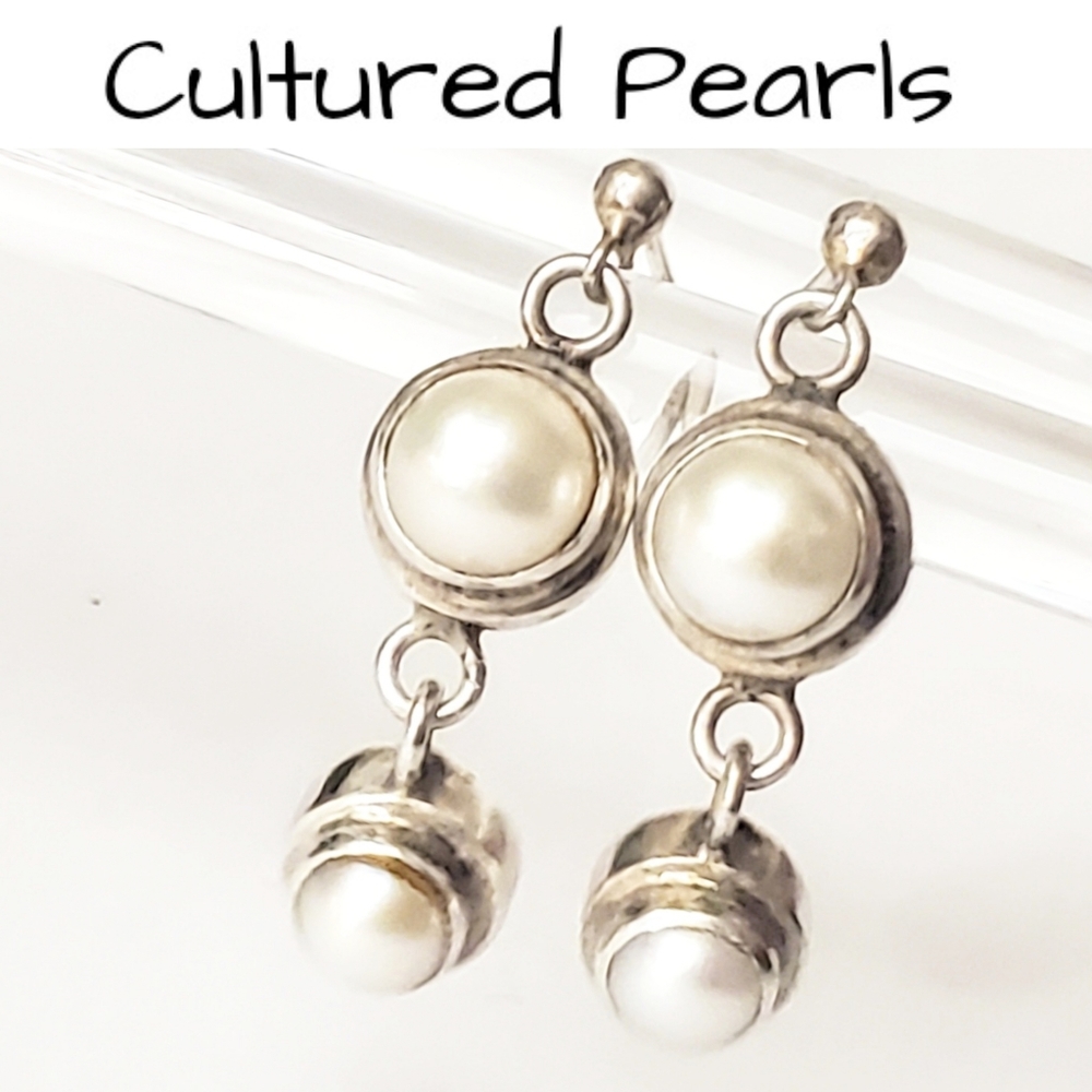 Sterling Silver Pearl Earrings - Cultured Pearl Closed Back Drop Earrings